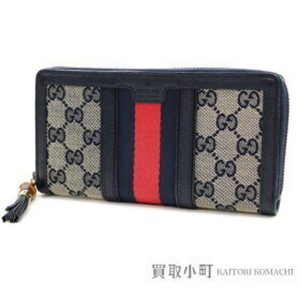 Gucci Bamboo Tassel Zip Around Wallet GG Canvas Navy Blue Web